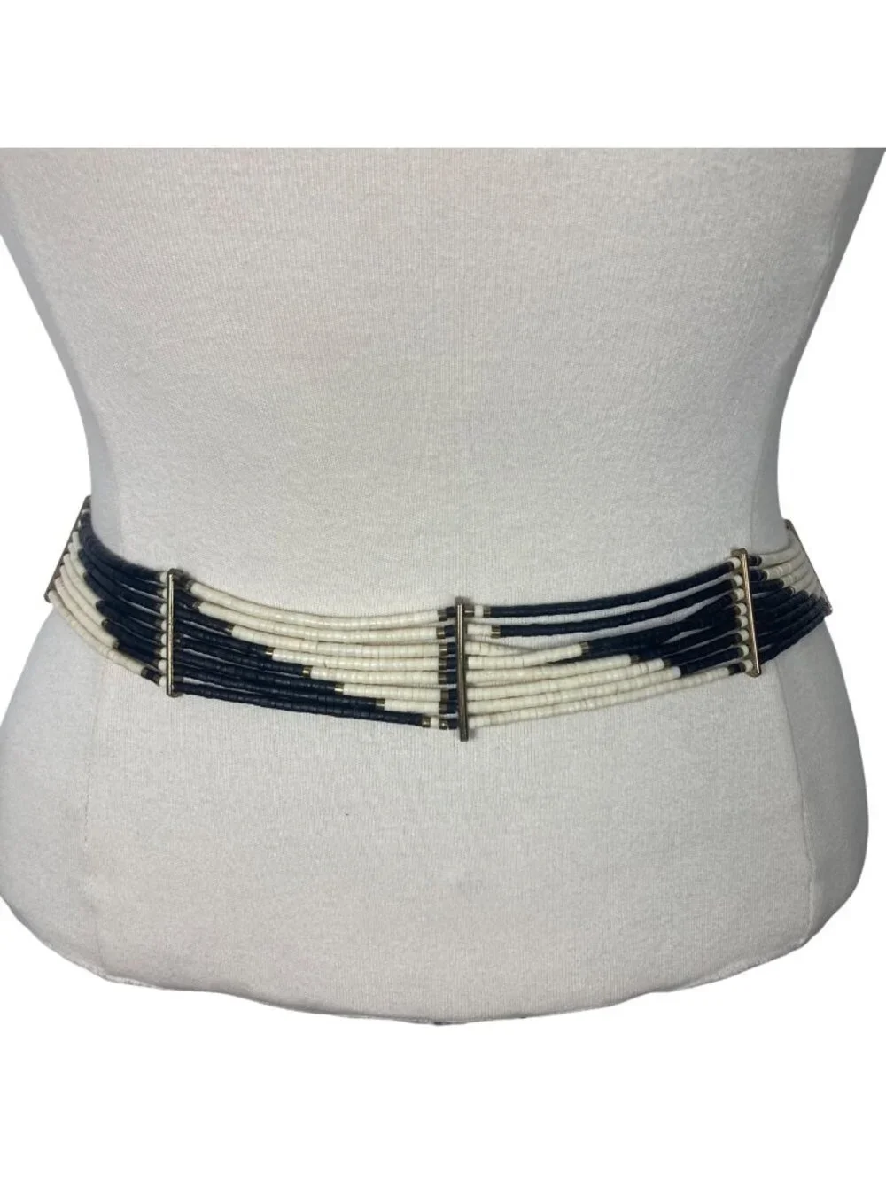 Vintage 80s Black White Beaded Belt Adjustable 30in to 33in Waist Boho Tribal